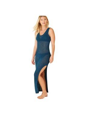 Shade & Shore Blue Knit Maxi Dress L 12-14 Sleeveless Swim Cover-Up Beachwear